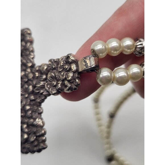 Brighton Lola Floral Cross Necklace Faux Pearl Beaded Long Statement Pendant - Picture 10 of 10